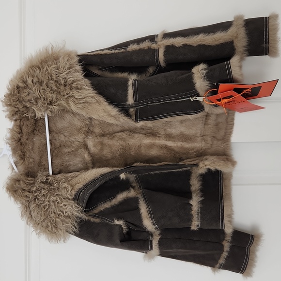 NWT Real Rabbit Leather and Shearling Jacket Real Wool Fur Collar Brown Coat - Picture 6 of 10
